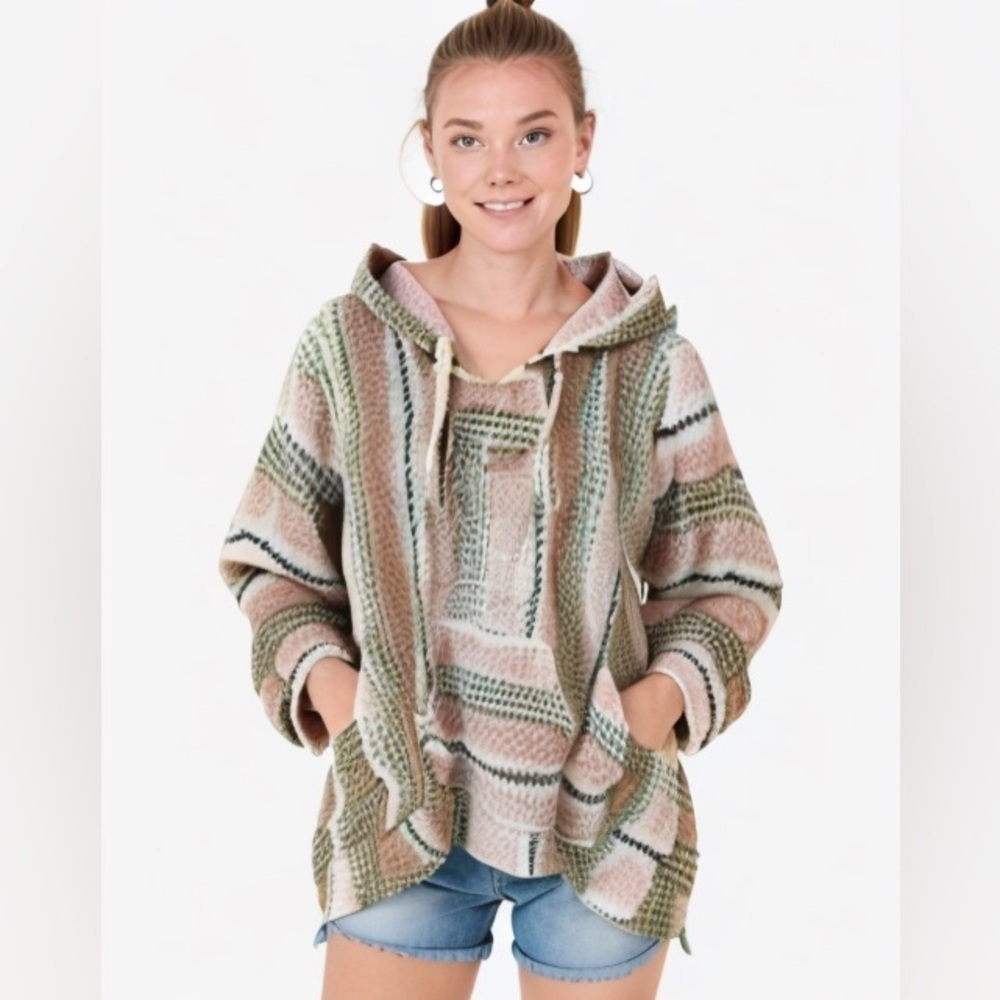 Earth Ragz Women Size Medium Pink Geometric Baja Style Hippie Hoodie W/ Pockets